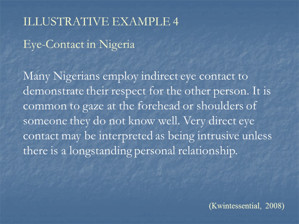 Many Nigerians employ indirect eye contact to demonstrate their respect for the other person.